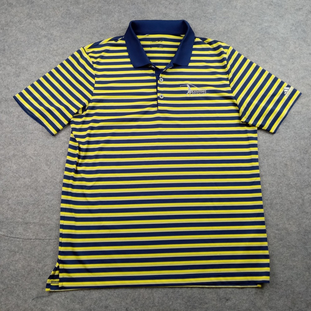 Adidas Golf Polo Shirt Mens Large Blue Yellow Striped Performance Short Sleeve